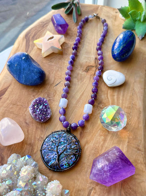 Midnight Mermaid - 18” Choker - Velvet Fluorite + Blue Chalcedony - Abalone Shell Pendant