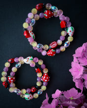 Load image into Gallery viewer, Strawberry Lemonade SET (2) Bracelets - 8mm Selenite, Czech Glass, Lampwork Glass Strawberries &amp; Ladybugs
