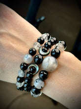 Load image into Gallery viewer, Triple Moon Bracelet - 8mm Onyx + Mother of Pearl Moons - Stretch Mala Bracelet