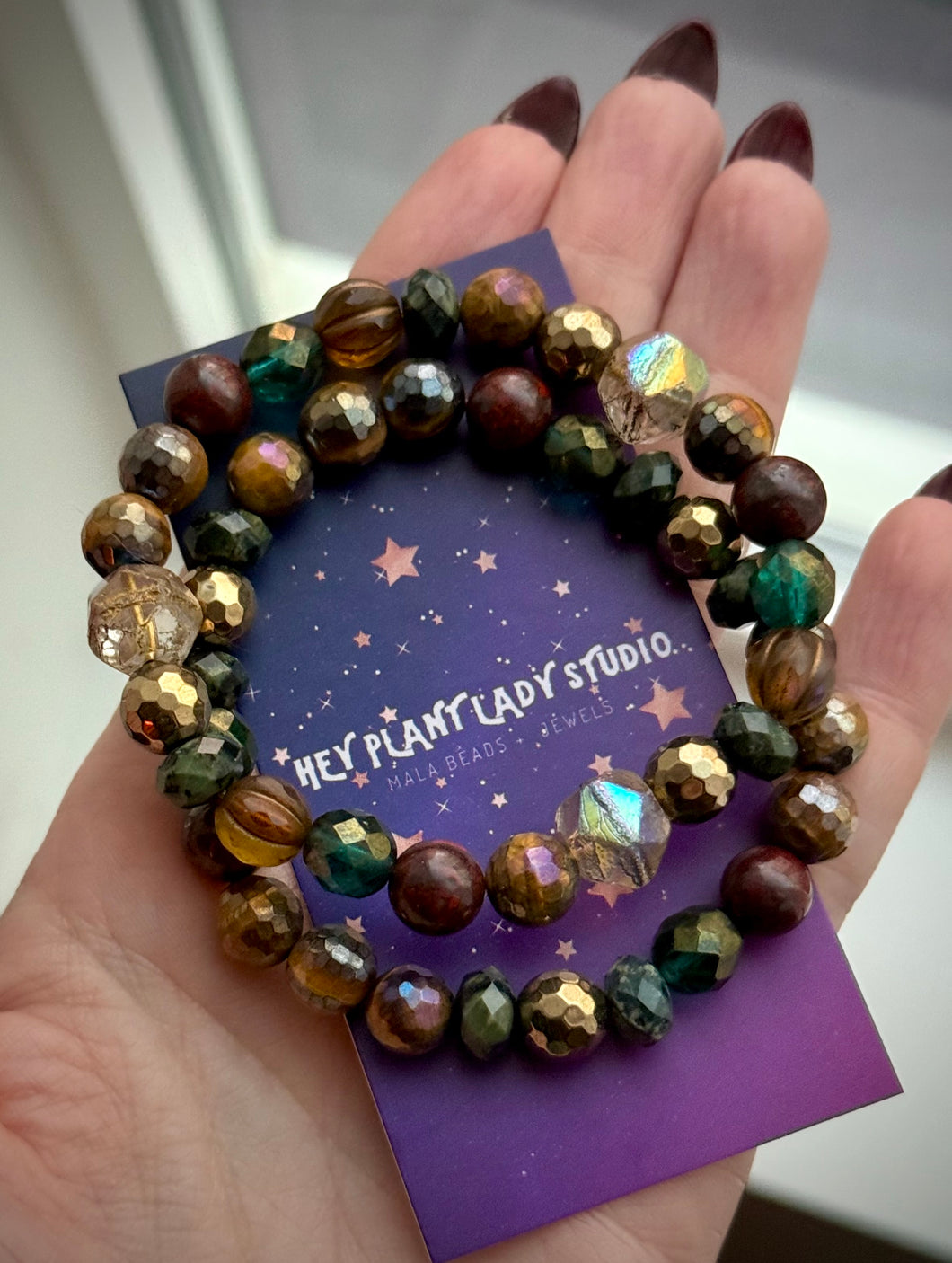 Gilded Yule Stack - (2) Bracelets Set  - 8mm Mystic Tigers Eye, Kambaba Jasper, Poppy Jasper, Gold Terahertz & Czech Glass