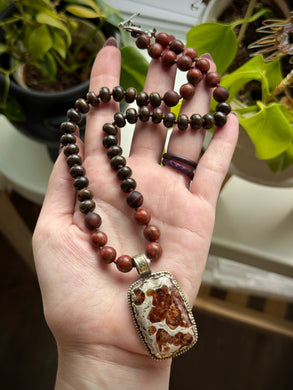 📜 Ancient Ground - 17” Necklace - 8mm - Sesame Jasper + Bronzite Rondelle + Hessonite Garnet Tibetan Focal