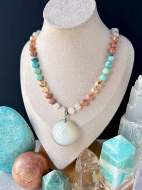 Salt + Moonlight - 17” Choker  - 8mm - Rainbow Moonstone, Aura Peach Moonstone, Aura Citrine, Amazonite, Agate - Moonstone Focal