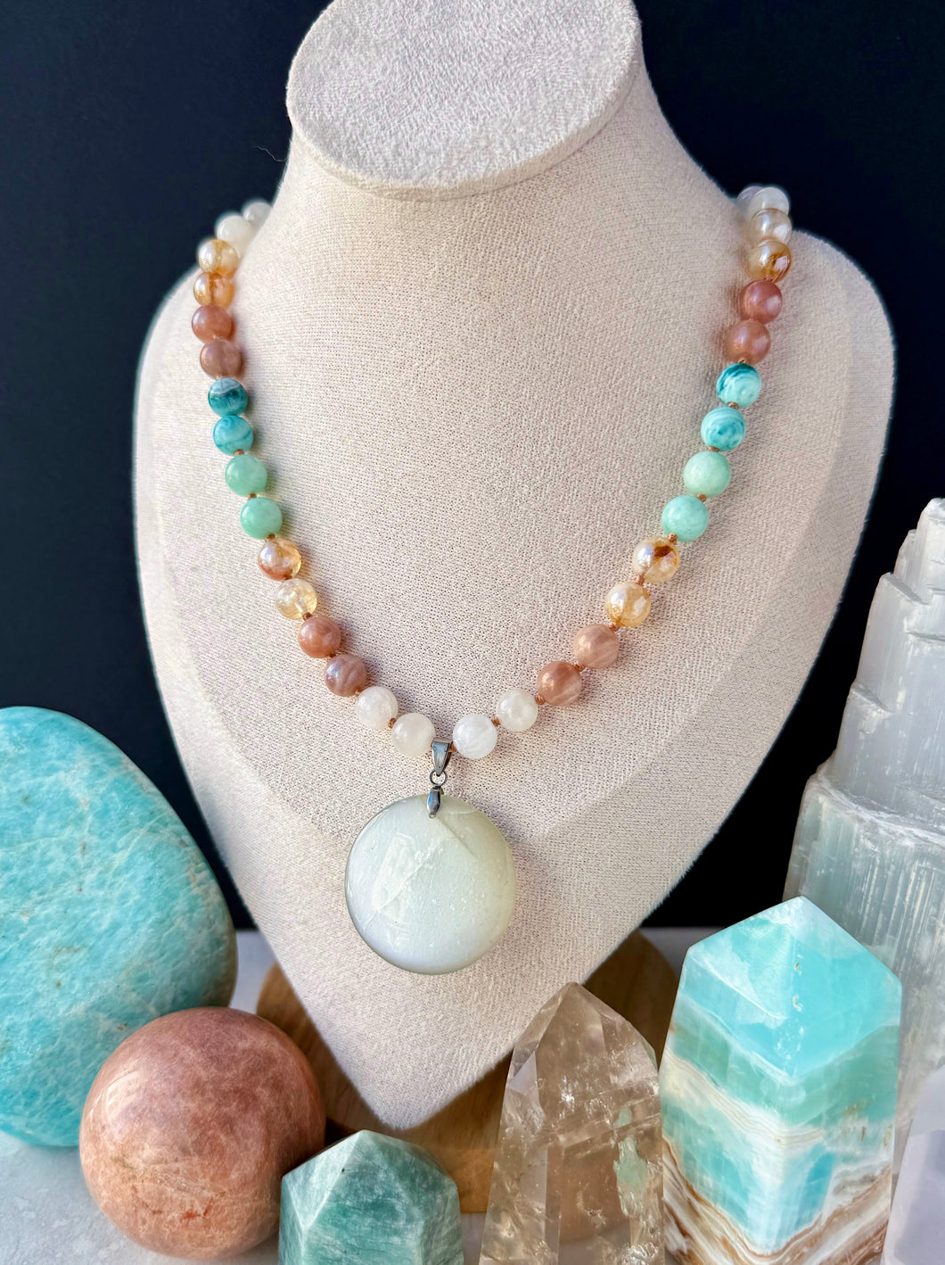 Salt + Moonlight - 17” Choker  - 8mm - Rainbow Moonstone, Aura Peach Moonstone, Aura Citrine, Amazonite, Agate - Moonstone Focal