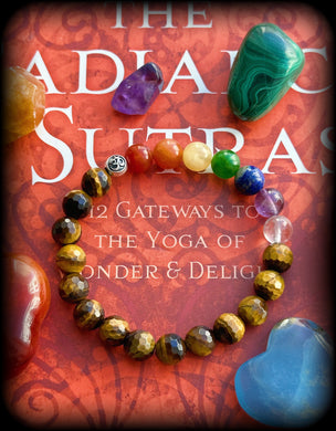 Chakra Bracelet - 925 Silver OM - 8mm Carnelian + Aventurine + Yellow Selenite + Albite Jade + Lapis Lazuli + Amethyst + Quartz + Tigers Eye - Gemstone Bracelet