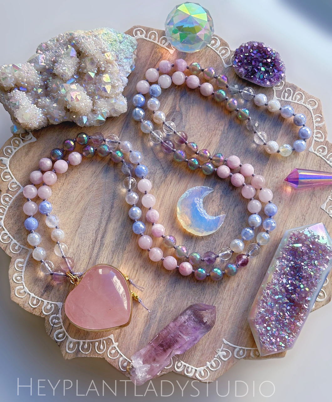 Enchanted Heart - 24k Gold Overlay Rose Quartz Heart - Kunzite, Fluorite, Mystic Agate, Rose Quartz, Clear Quartz - 108 Mala Bead Necklace