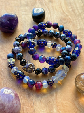 Midnight Whiskers (3) Bracelet Stack - 8mm Opalite, Galaxy Jade, Galaxy Tigers Eye, Mystic Purple Agate, Czech Glass Cat & Moon Star Charms