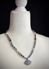 Load image into Gallery viewer, Head in the Clouds - 22” Necklace 8mm Peacock Pearls, Tanzanite, Iolite, Mystic Silverite, Czech Glass + Evil Eye Focal