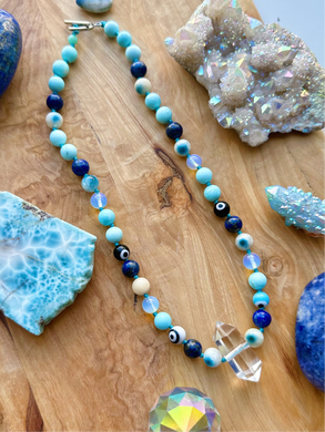 Mystic Eye - 16” Choker - Lapis Lazuli + Evil Eye + Nakaurite + Opalite + Blue Howlite - Quartz Pendant