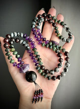 Load image into Gallery viewer, Serpent Moon - 8mm - Amethyst, Kambaba Jasper, Garnet, Snowflake Obsidian 108 Mala Necklace - Amethyst &amp; Onyx Quartz Focal