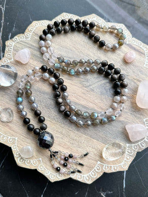 Grounded in Love - Labradorite, Moonstone, Silver Obsidian, Rose Quartz, Mystic Moonstone - Hematite Czech Glass Focal - 108 Mala Bead Necklace