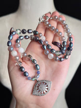 Load image into Gallery viewer, Head in the Clouds - 22” Necklace 8mm Peacock Pearls, Tanzanite, Iolite, Mystic Silverite, Czech Glass + Evil Eye Focal