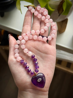 🧞Heart of Devotion - 18” Necklace - 8mm - Amethyst Rondelle + Rose Quartz - Amethyst Heart Focal
