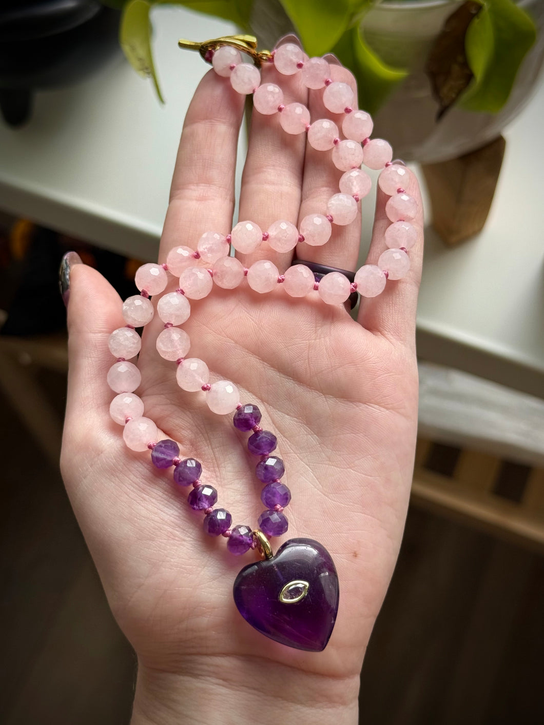🧞Heart of Devotion - 18” Necklace - 8mm - Amethyst Rondelle + Rose Quartz - Amethyst Heart Focal