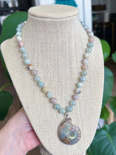 Load image into Gallery viewer, Seashells &amp; Sandcastles - 18”Choker - 8mm Mystic Amazonite + Mystic Aquamarine + Mystic Moonstone - Ammonite Pendant