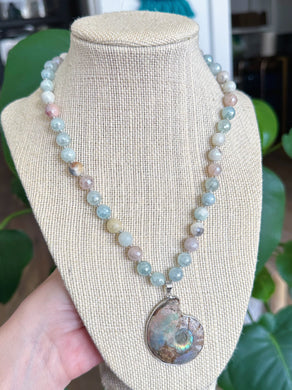 Seashells & Sandcastles - 18”Choker - 8mm Mystic Amazonite + Mystic Aquamarine + Mystic Moonstone - Ammonite Pendant