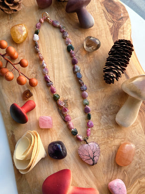 Lovespell  - 16” Choker - Colorful Tourmaline + Rose Quartz Pendant