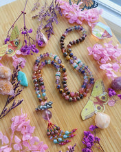 Load image into Gallery viewer, 🐇🪺 Ostara- 108 Mala Necklace - 8mm Fluorite, Rose Quartz, Tigers Eye, Rhodonite, Strawberry Quartz - Pewter Rabbit &amp; Amethyst Focal
