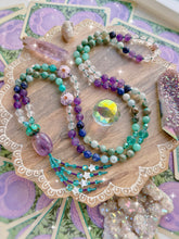Load image into Gallery viewer, Sea Spell - 108 Mala Necklace - 8mm Amethyst, Amazonite, Aquamarine, Sodalite, Rose Quartz - Lampwork Glass &amp; Amethyst Focal - Mother of Pearl Star Tassel