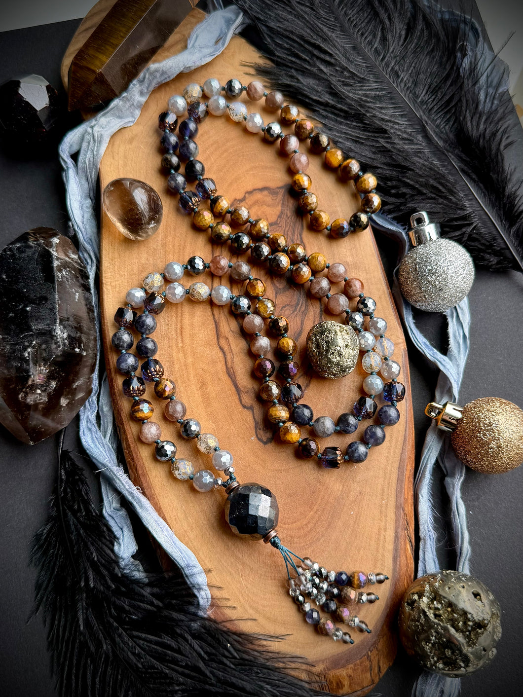 Gilded Nightfall - 108 Mala Necklace (39”)- 8mm Mystic Tigers Eye, Iolite, Chocolate Moonstone, Mystic Silverite, Terahertz, Czech Glass - Hematite Czech Glass Focal