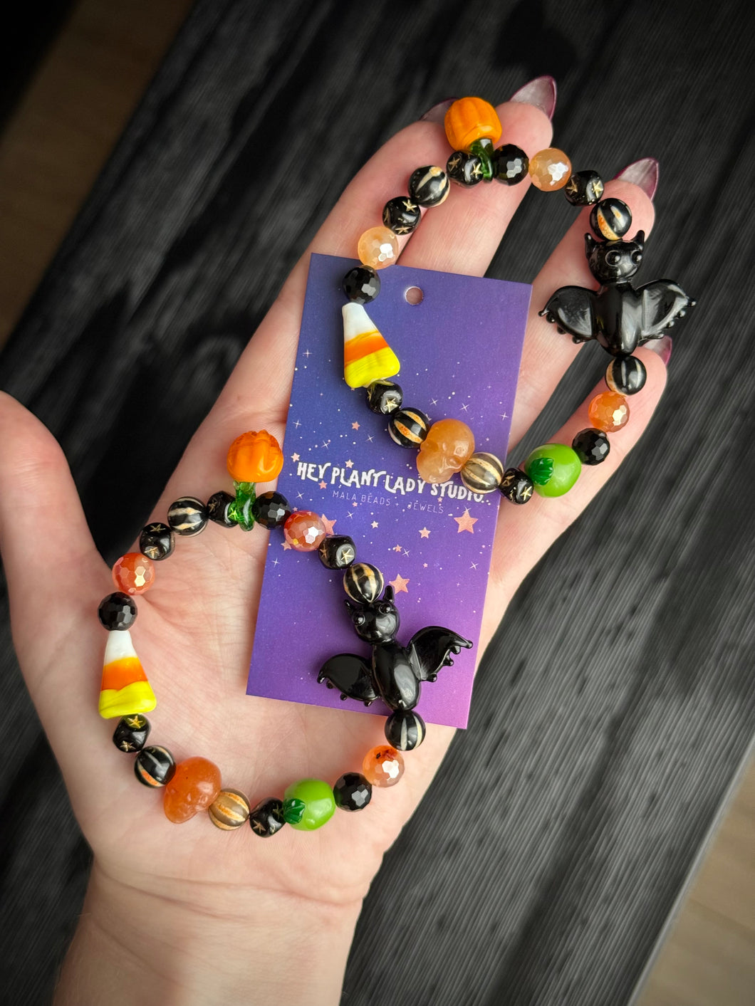 Trick-or-Treat - 8mm Bracelet - Lampwork + Gemstone Stretch Mala Bracelet 8mm