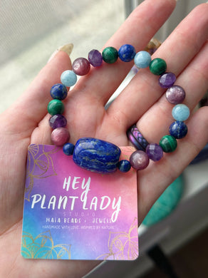 Ancient Lands - Lapis Focal -8mm Gem Lepidolite + Amethyst + Malachite + Aquamarine + Lapis Lazuli - Gemstone Bracelet