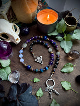 Load image into Gallery viewer, Call the Unseen - Witch’s Ladder, Altar Beads - Galaxy Tigers Eye, Lavender Moon Quartz, Onyx, Amethyst, Triquetra