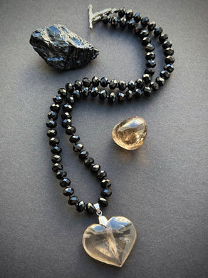 Shadow Heart - 20” Necklace - 8mm - Faceted Black Onyx Rondelle - Smoky Quartz Heart Focal