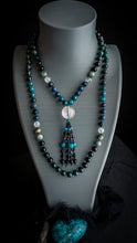 Load image into Gallery viewer, Ancient Storm - 108 Mala Necklace - 8mm Bloodstone, Apatite, Dumortierite, Larvikite, Clear Quartz, Onyx, Eagles Eye - Clear Quartz Focal