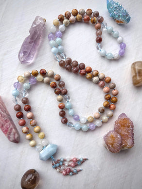 Moon over the Mojave Mala - 8mm - Amethyst, Moonstone, Aquamarine, Polychrome Jasper, Yellow Opal - 108 Mala Necklace - Aquamarine Focal