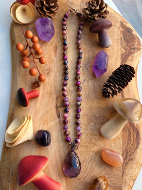 Dew Drop - 20” Necklace - 8mm Amethyst Carved Pumpkins + Tigers Eye - Amethyst Wire Wrapped Pendant