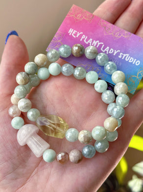 Seashore Sunrise - SET of Two - Lemon Quartz + Rose Quartz Mushroom - 8mm Gemstone Stretch Bracelets