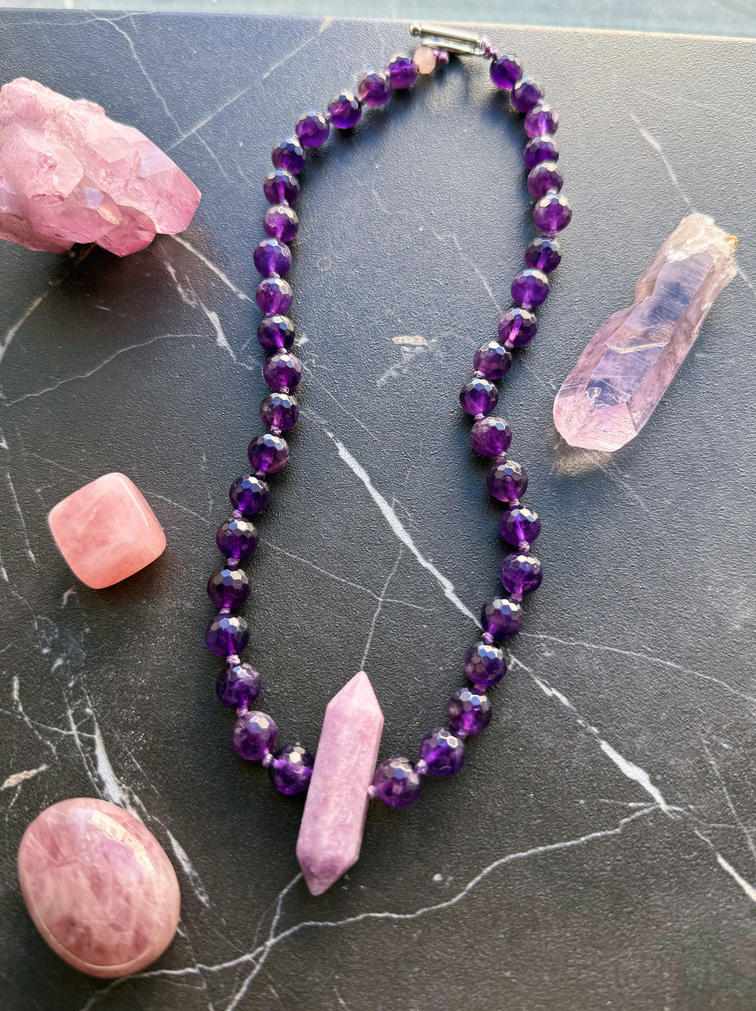 Calm Serenity - 16” Choker - 8mm Amethyst - Lepidolite Point Pendant