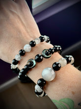 Load image into Gallery viewer, Triple Moon Bracelet - 8mm Onyx + Mother of Pearl Moons - Stretch Mala Bracelet