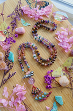 Load image into Gallery viewer, 🐇🪺 Ostara- 108 Mala Necklace - 8mm Fluorite, Rose Quartz, Tigers Eye, Rhodonite, Strawberry Quartz - Pewter Rabbit &amp; Amethyst Focal
