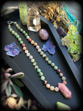 Succulent Garden - 17” Choker - 8mm Mystic Aventurine + Prehnite + Citrine + Sunstone + Mystic Pink Healer + Rhodonite - Rose Quartz Pendant
