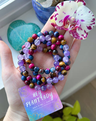 Galaxy of Stars -  Galaxy Tigers Eye + Lavender Amethyst + Pink Tigers Eye 8mm Mala Bracelet