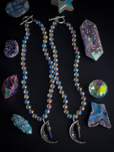Load image into Gallery viewer, Magic Moon - 16” Choker  - 8mm Aura Quartz - Crescent Moon Aqua Aura Pendant