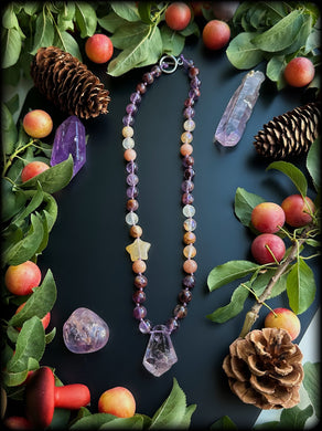 Astraea - 16” Necklace Phantom Amethyst + Mystic Golden Healer + Aventurine Star + Raw Amethyst Point Pendant