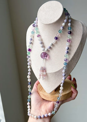 Calm & Clarity - Howlite, Rainbow Fluorite, Mystic Rose Quartz - 108 Mala Necklace - Fluorite Focal