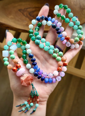 La Dolce Sirena Mala - 8mm - Agate, Aquamarine, Blue Chalcedony, Amazonite, Rose Quartz, Amethyst, Lapis Lazuli, - 108 Mala Necklace - Kunzite + Hematoid Quartz Focal