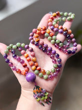Load image into Gallery viewer, Creative Spark - 8mm Purple Fluorite, Amethyst, Strawberry Quartz, Phosphosiderite, Pink Opal, Tigers Eye - Phosphosiderite Focal -  108 Mala Necklace