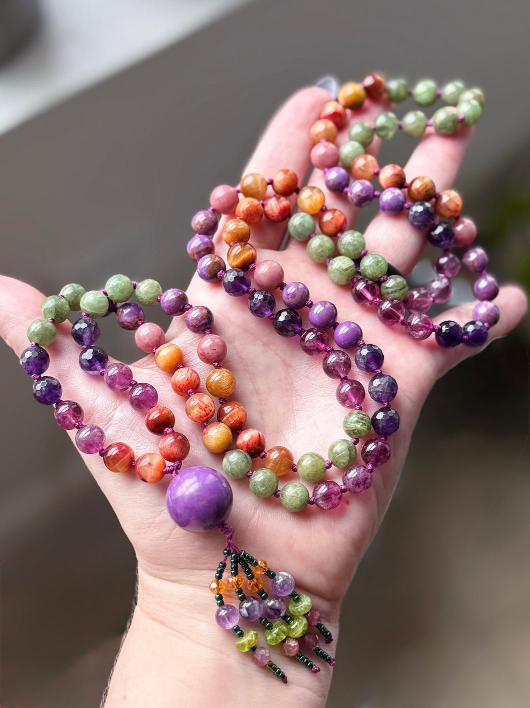 Creative Spark - 8mm Purple Fluorite, Amethyst, Strawberry Quartz, Phosphosiderite, Pink Opal, Tigers Eye - Phosphosiderite Focal -  108 Mala Necklace