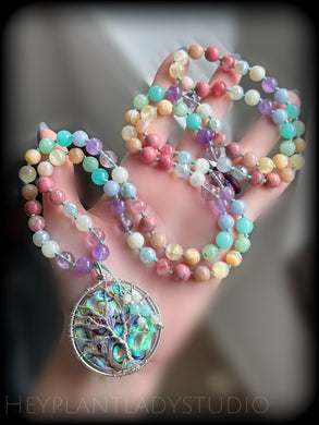 Seafoam Dreams - Abalone Shell Tree of Life - Pastel Rainbow Gemstone 108 Mala