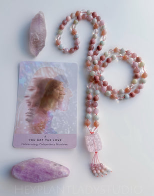 Encircled in Love - Faceted Kunzite, Peach Moonstone, Aquamarine, Rose Quartz, Rhodonite, Clear Quartz + Gem Kunzite Focal + Kunzite Tassel - 108 Mala Bead Necklace