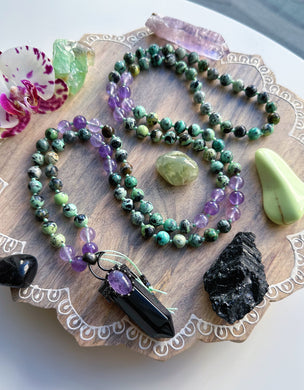 Lifted Spirit + Letting Go -Variscite + Lavender Amethyst - Onyx Point - 108 Mala Bead Necklace