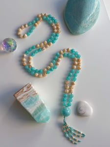 Shell & Sea - 108 Mala Necklace - Amazonite & Mother of Pearl - Amazonite Focal