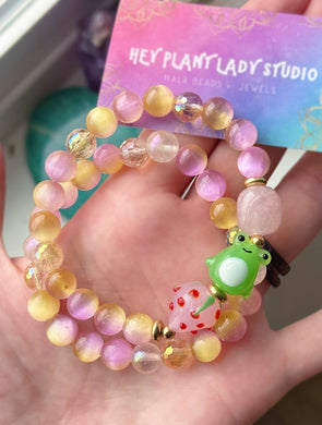 Strawberries Stack - (2) Bracelets Set  - 8mm Selenite, Mystic Rose Quartz, Mystic Citrine, + Rose Quartz + Frog + Strawberry Accents