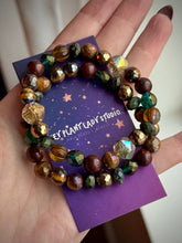 Load image into Gallery viewer, Gilded Yule Stack - (2) Bracelets Set  - 8mm Mystic Tigers Eye, Kambaba Jasper, Poppy Jasper, Gold Terahertz &amp; Czech Glass