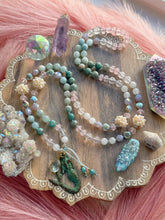 Load image into Gallery viewer, Siren’s Treasure - 108 Mala Necklace - 8mm Rose Quartz, Amazonite, Aquamarine, Freshwater Pearl Accent - Mermaid Focal + Aqua Drop