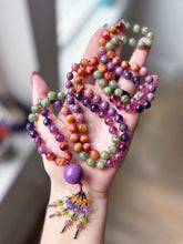Load image into Gallery viewer, Creative Spark - 8mm Purple Fluorite, Amethyst, Strawberry Quartz, Phosphosiderite, Pink Opal, Tigers Eye - Phosphosiderite Focal -  108 Mala Necklace